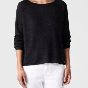 NWT EILEEN FISHER Organic Linen Délavé Bateau Neck Top XS Black Flare Sleeves 2